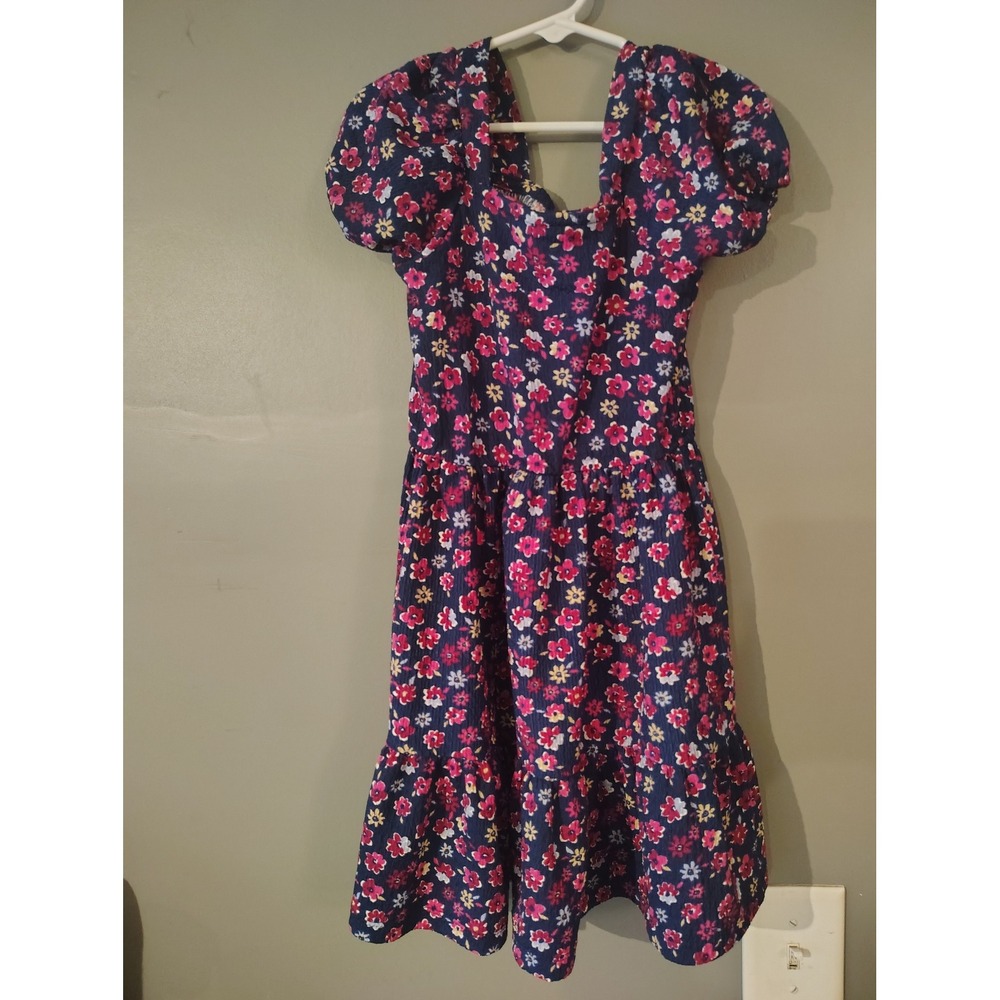 Nannette Kids Navy Blue Floral Puff Sleeve Tiered Dress Size 6